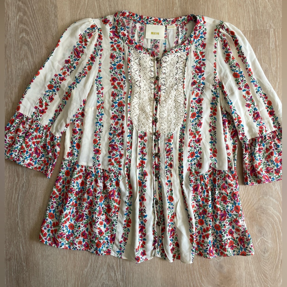 Anthropologie Maeve Womens Top Size 0 Button Hiver Boho Cottagecore Blouse Lace - Picture 3 of 14